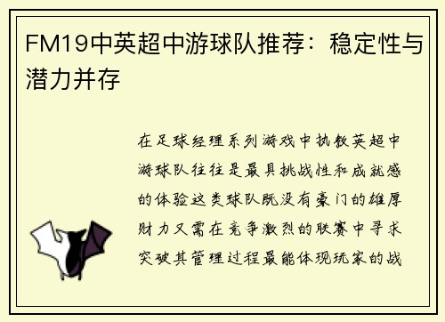 FM19中英超中游球队推荐：稳定性与潜力并存